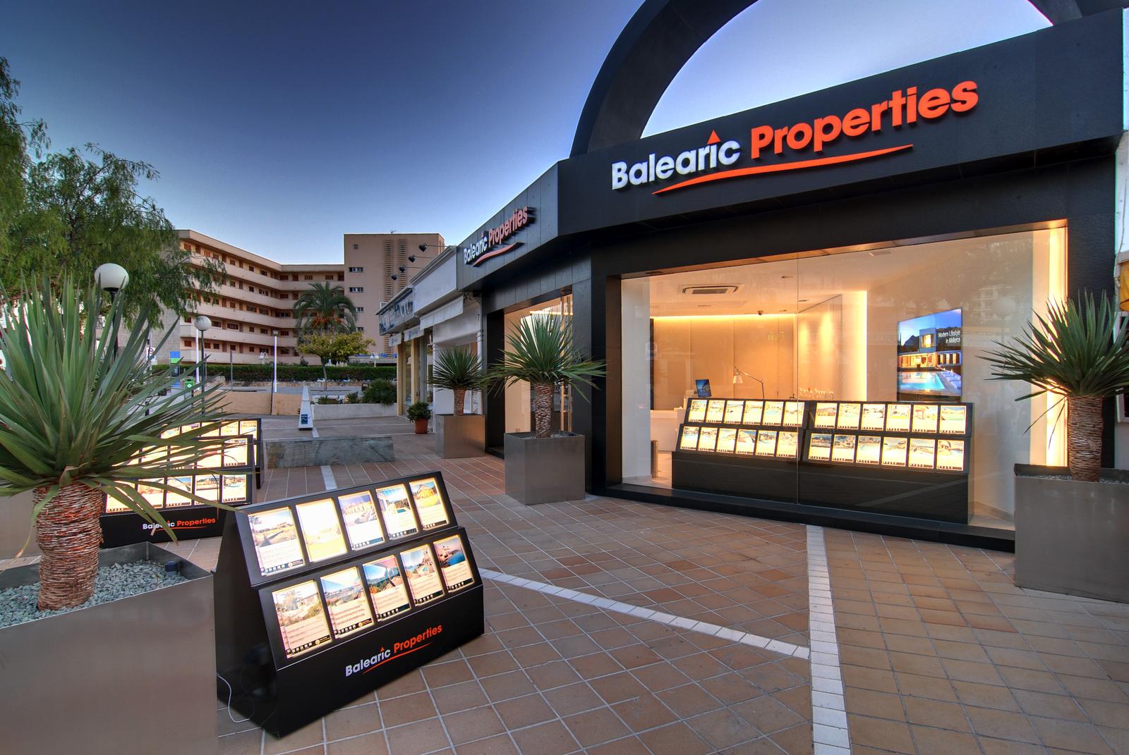 Balearic Properties office in Puerto Portals, Mallorca, at dusk