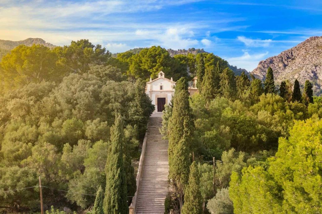 Aerial view of the chapel at the top of the Calvari steps, Pollensa