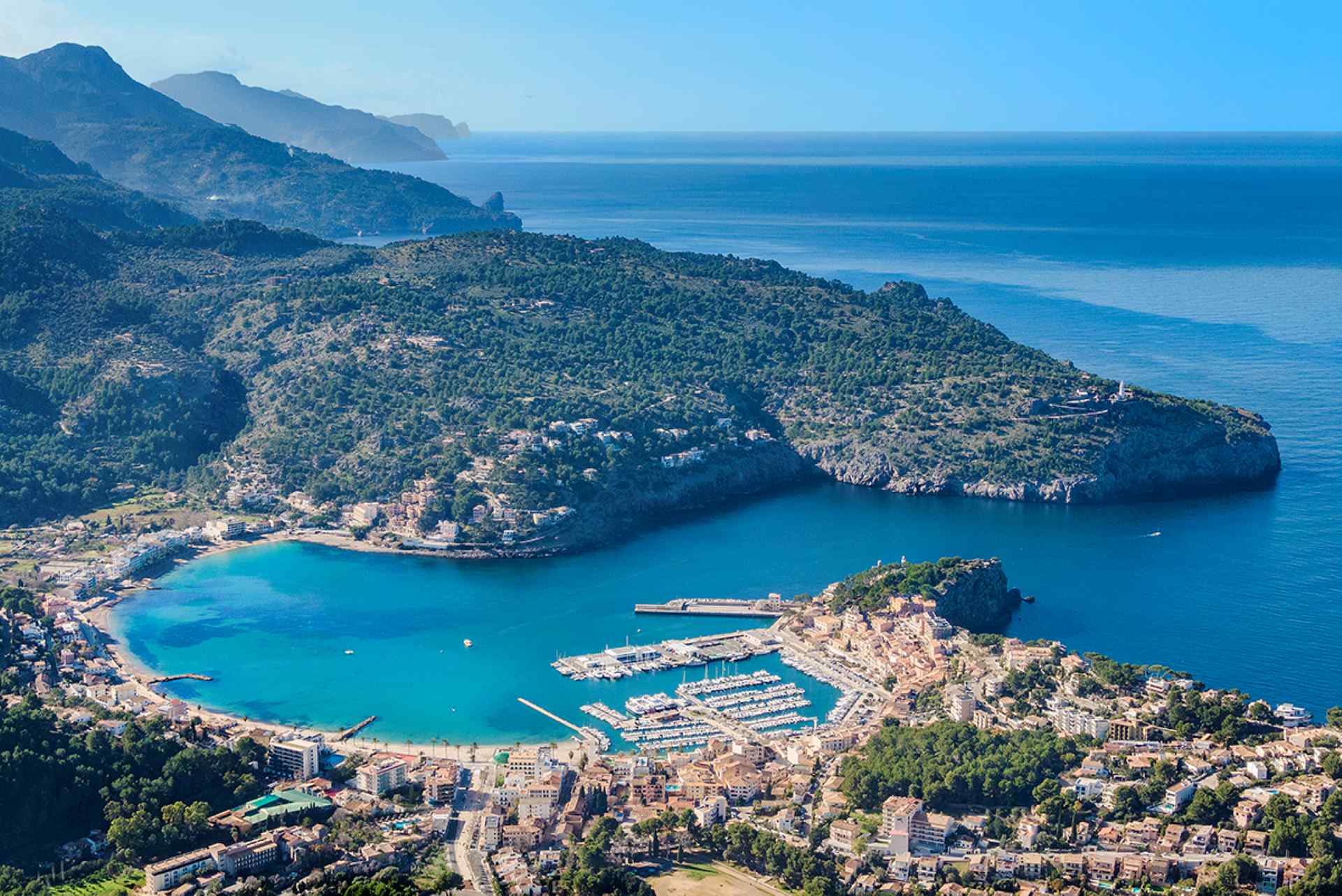 Aerial view of Port de Sóller in Mallorca