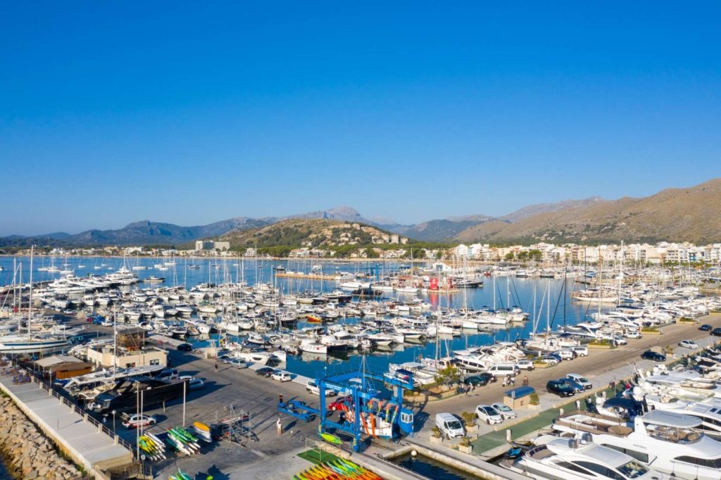 Aerial view of Puerto Pollensa's marina, Reial Club Nàutic Port de Pollença