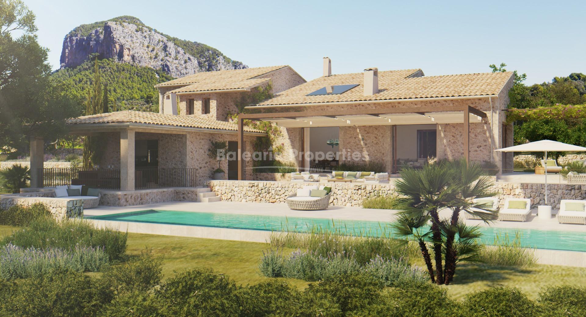 Finca contemporánea con piscina y vistas panorámicas a la montaña en Alaró, Mallorca